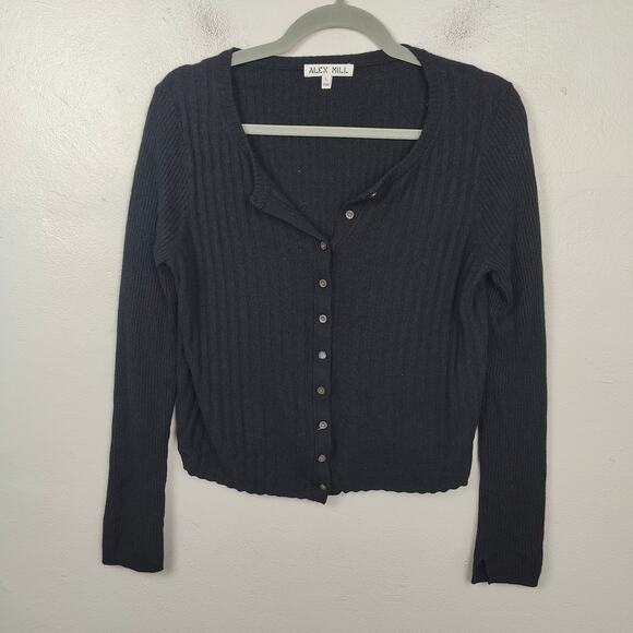 Alex Mill Kristin Ribbed Cardigan Sweater‎ Womens Large Black Cashmere Blend - Picture 1 of 6